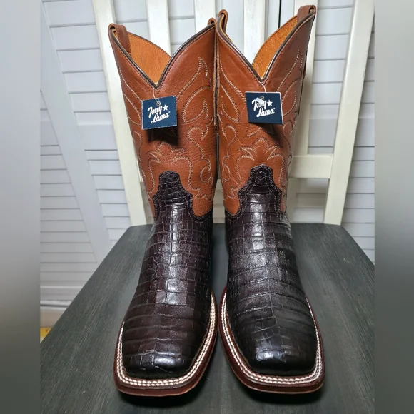 Tony Lama Burnished Caiman Belly Western Boot Broad Square Toe